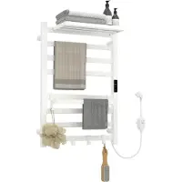 Puluomis elektrische handdoekradiator met LED-touchdisplay, instelbaar van 45-70°C, timer, 90° draaibaar legplank, RCCB-beveiliging, wit