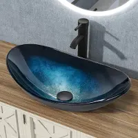 Puluomis wastafel, glazen wastafel, ovale waskom 53x35x16 cm, inclusief kraan, afvoer en aansluitingen voor warm en koud water, donkerblauw