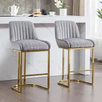 Sonstiges Barstoelen, set van 2, fluweel, grijs, met rugleuning en gouden metalen poten