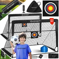 Kesser Voetbaldoel voor kinderen, pop-up set van 2, opvouwbaar, met glasvezelstangen en hoogwaardige doelnetten voor binnen, buiten en tuin, met transporttas, 6 x hoedjes, balpomp, schietschijf