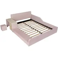 MODFU Gestoffeerd bed, eenpersoonsbed 140x200 met bureau en krukje, kinderbed/tweepersoonsbed met zachte rugleuning, bedframe van fluweel, zonder matras, roze