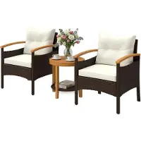 Outsunny Rieten bistroset, 3-deligegecertificeerde tuinmeubelset met 2 fauteuils en een houten tafel