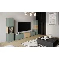 MINIO go for it MINIO wandmeubel BRELA III, 3-delig, TV-meubel met vitrine en kast - Nevelgroen / Geolied eikenhout