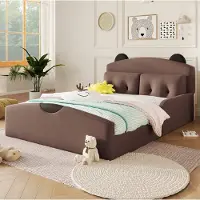 STILVORA platformbed 140x200 cm met linnen hoes, gestoffeerd bed met hoofdeinde in berenmotief, tweepersoonsbed inclusief 2 sierkussens, linnen