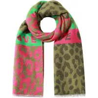 Yehwang Legergroene Kleurrijke Leopardprint Sjaal - Leopardprint & Tekst 'LOVE IS' - Wintersjaal Dames - Afmetingen 180 cm x 70 cm - Legergroen, Groen & Fuchsia