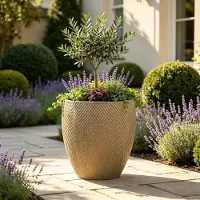 STILVORA Bloempot Extra Groot 46 Cm Hoog 53 Cm Glanzend Beige Keramiek Met Ruitreliëf Vorstbestendig Voor Binnen En Buiten