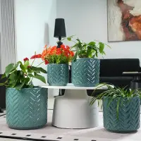 OKWISH Bloempot 4-delige Set – Rond – Ø38/31,6/24,5/19,8 cm – Keramiek – Aqua Blauw – Glansglazuur Met Visgraat Reliëf Voor Binnen En Buiten