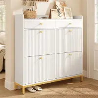 OKWISH Schoenenkast - Smal Staand Rek - 4 Klapdeuren en 2 Lades - Modern Opbergmeubel Voor Hal en Slaapkamer - Wit - 106,5 x 25 x 107 cm