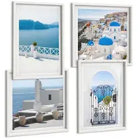 Coloray 4-Delige Schilderij Set - Zeezicht Met Witte Gebouwen In Griekenland - 40 x 40 En 40 x 60 - Decoratieve Schilderijen - Wanddecoratie - Hal - Muurdecoratie