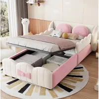 OKWISH Kinderbed 90 x 200 cm – Gestoffeerd Bed – Hydraulische Opbergruimte – 2 Sierkussens – Fluweel – Beige en Roze – Zonder Matras