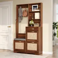 HAUSS SPOLE Schoenenkast - Halgarderobe Met Zitbank En Klephokjes - Voor Entree En Hal - MDF - Walnoot - 100x30x170 Cm
