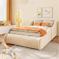 OKWISH Polsterbett Kinderbett 90x200 cm - Weeg zacht satijnbed met hoog hoofdeind en zijbescherming, eenpersoonsbed beige