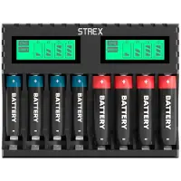 Strex Batterij Oplader - 8x AA/AAA Batterijen - USB Oplaadbaar - LCD Display - Zwart