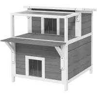 PawHut kattenhuis, kattenhut van dennenhout, kattenhuis met balkon en ingangen
