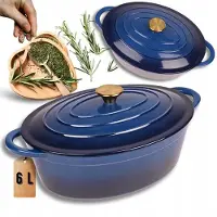 Hage - Gietijzeren Braadpan - Braadpan - Kookpan - Stoofpan - Stoofpan met Deksel - Geëmailleerd - Geschikt voor Inductie & Dutch Oven - 6 Liters - 34 x 26 x 18 cm - Blauw