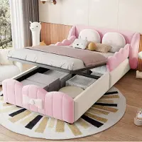 OKWISH Kinderbed 90x200 cm met hydraulische opbergruimte, roze samten gepolsterd bed met 2 grote decoratieve kussens