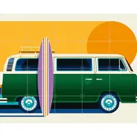 IXXI Vintage Camping Bus, Bo Lundberg - 100 x 80 cm - Grote wanddecoratie en posters - Kleurrijk, Grafisch Ontwerp, Vintage, Pop art, Illustraties