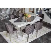 AEA Designer Weißer Esstisch x6 Dunkel-Lila Textil Stühle Esszimmer Garnitur