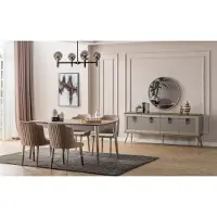 AEA Beige Esszimmer Garnitur Rechteckiger Holz Tisch 6x Polsterstühle 7tlg
