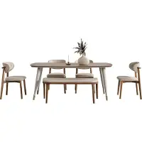 AEA Glänzend 6tlg. Esszimmergarnitur Elegant Esstisch Beige 4x Stühle Hocker