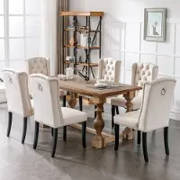 HAUSS SPOLE Eetkamerstoel Set van 6 - Velvet Beige Met Knopen En Nagelkopdetails - Voor Eetkamer En Woonkamer - Houten Poten