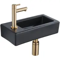 Qeramiq Fuente fonteinset – 37.5x18.5x9 cm – keramiek zwart mat – kraangat links – geborsteld gouden kraan SW1122451/SW696208/SW696218/SW696238