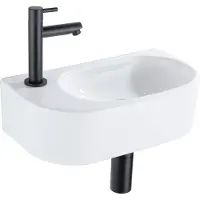 Qeramiq Fuente fonteinset – halfrond – 40x21.5x12 cm – keramiek wit glans – kraangat links – mat zwarte kraan SW1209554/SW696205/SW696215/SW696235