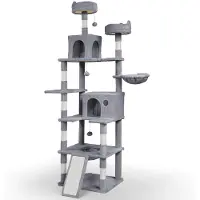 VOUNOT Kattenboom 215 cm, meerlaags kattenmeubel XXL, met mand, pluchen ballen, dikke stangen, klimboom voor katten, grijs