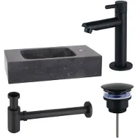 FortiFura Fuente fonteinset – rechthoekig – 40x22x9 cm – natuursteen zwart – mat zwarte kraan SW696235/SW696205/SW696215/SW533192