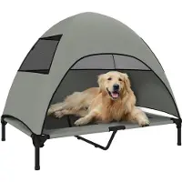 PawHut hondenbed voor buiten met dak, verhoogd stalen frame, 106x76x99 cm, lichtgrijs