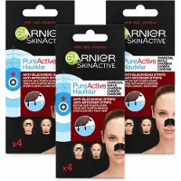 Garnier 3 x - Pure Active - Anti-Mee-Eters Strips - Charcoal - Neus, Voorhoofd & Kin - 4 Strips - Bulkverpakking - 3 stuks