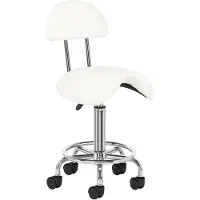 Activeshop Ergonomische Cosmetische Zadelkruk – Met Rugleuning – Verstelbaar 49–62 cm – Wit Ecoleer – Zilverkleurig Onderstel – Kapperskruk / Werkstoel