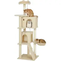 PawHut Kraboom 160 cm, katten toren met hangmat, ladder, hol en pluchen ballen