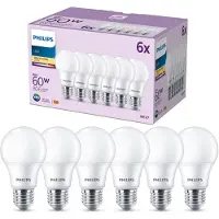Philips 6x gloeilamp, 60 W, A60, E27, 8 W, 60 W, E27, 806 lm, 15000 uur, Warm wit