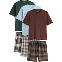 Next Pyjama kort beige / pastelblauw / kastanjebruin / groen