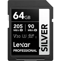 Lexar Silver SD-kaart, 64 GB, UHS-I SDXC-kaart, leessnelheid 205 MB/s, schrijfsnelheid 90 MB/s