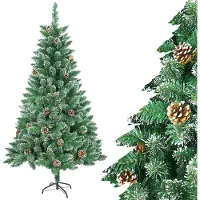 JOIEYOU Kunstkerstboom, 210 cm, met sneeuweffect, takpunten, dennenappels en metalen voet. Groene kunstboom voor kerstdecoratie