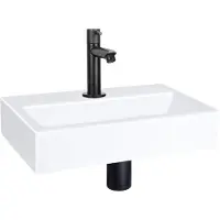 Qeramiq Fuente fonteinset – 38x24x7 cm – keramiek wit glans – kraangat midden – mat zwarte kraan – zonder frame SW696235/SW696205/SW696215/SW21912