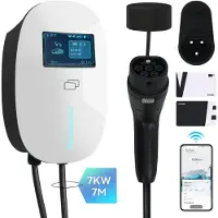 Puluomis - Wallbox EV Charger 7 kW - Smartcharge laadpaal met app - 7 meter kabel - Type 2 - 1-fase - 6–32A instelbaar - Wit