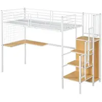 OKWISH Hoogslaper 90x200 cm – Met Bureau En Kledingkast – Zijtrap Met Leuning – Ruimtebesparend – Metaal En MDF – Zonder matras – Wit Natur