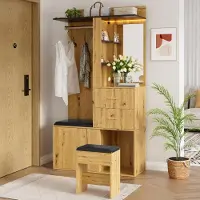 OKWISH Halmeubel - Garderobekast Met Spiegel En Appgestuurde Ledverlichting - Kapstok En Schoenenkast - MDF Naturel Zwart - 100 x 40 x 172,5 cm