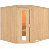 Karibu Sauna, binnencabine, model Malin. Inclusief 3 houten zitbanken, sauna met een wanddikte van 68 mm, stoomsauna en montagemateriaal