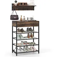Costway Wandgarderobe met schoenenrek, wandrek met plank en 5 haken, schoenenstandaard met 4 roosterplanken en 2 laden en 2 zijhaken, ganggarderobe om aan te kleden, vintage bruin