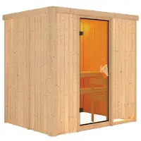 Karibu Sauna Fanja (entree aan de voorkant), volledig glazen deur, bronskleurig, oven van 3,6 kW met geïntegreerde bediening