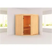 Karibu Sauna, binnensauna, model Tonja, hoekmodel, zonder accessoires, afmetingen 184x165x202 cm, met daklijst, met deur van helder glas