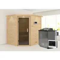 Karibu Woodfeeling Sauna Mia (Eckeinstieg), volledig glazen deur, grafietkleur, 9 kW -oven met externe bediening, model "easy"
