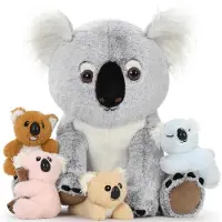 Sonstiges Liggende knuffelbeer koala, XXL formaat (45 cm), met 4 kleine pluche dieren, zachte knuffel, cadeau, grijs-wit