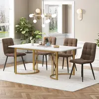Fortuna Eetgroep (5-delig), Eettafel met 4 stoelen, Moderne keukenmeubelset, Eettafel van 140x80 cm met gouden metalen poten, MDF tafelblad in wit, met fluwelen eetkamerstoelen in bruin