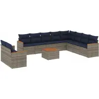vidaXL 11-delige tuinbankset met kussens, grijs polyrotan