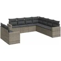 vidaXL 9-delige Loungeset met kussens poly rattan grijs